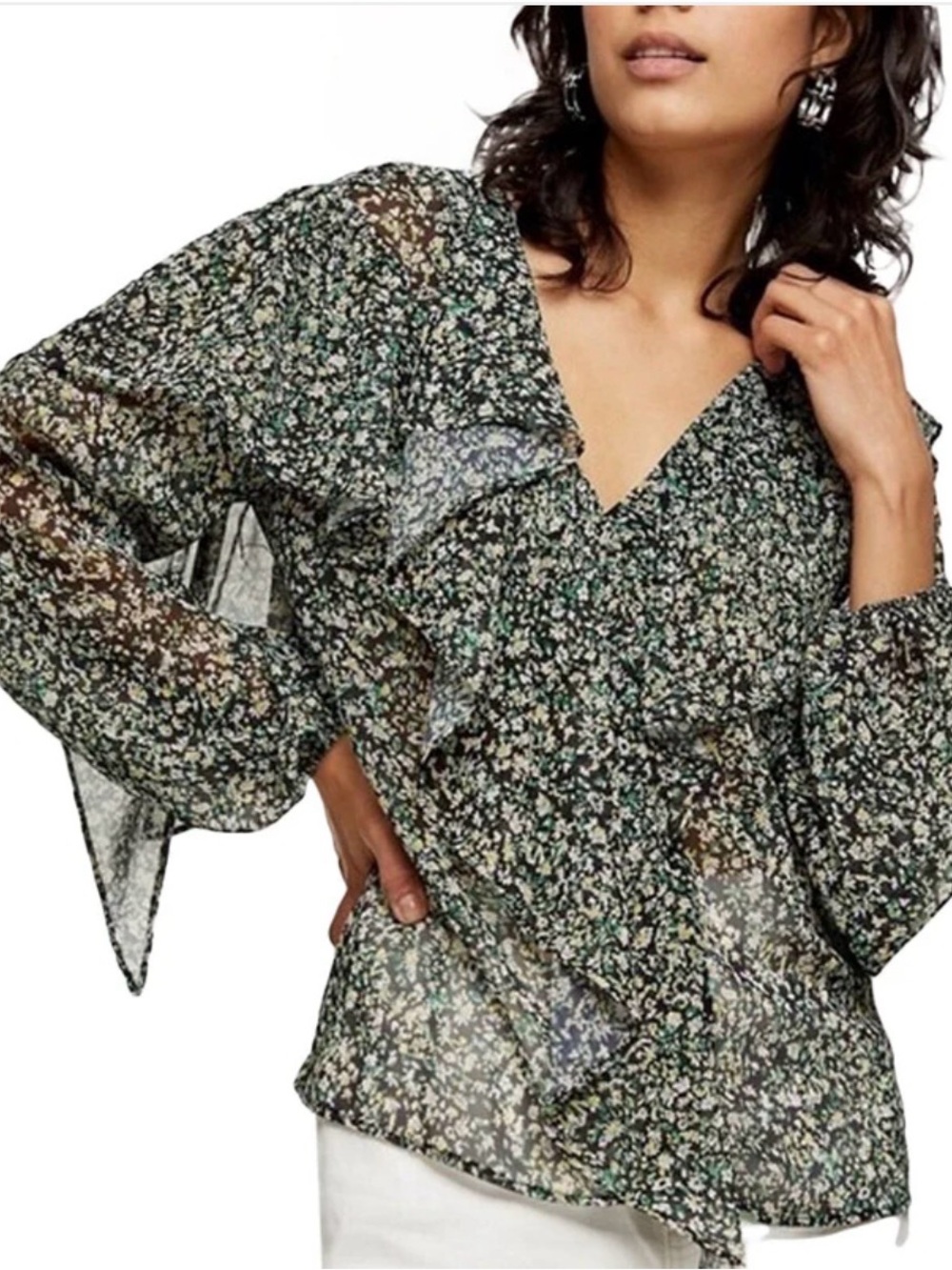 Topshop Black Floral V-Neck Long Sleeve Blouse